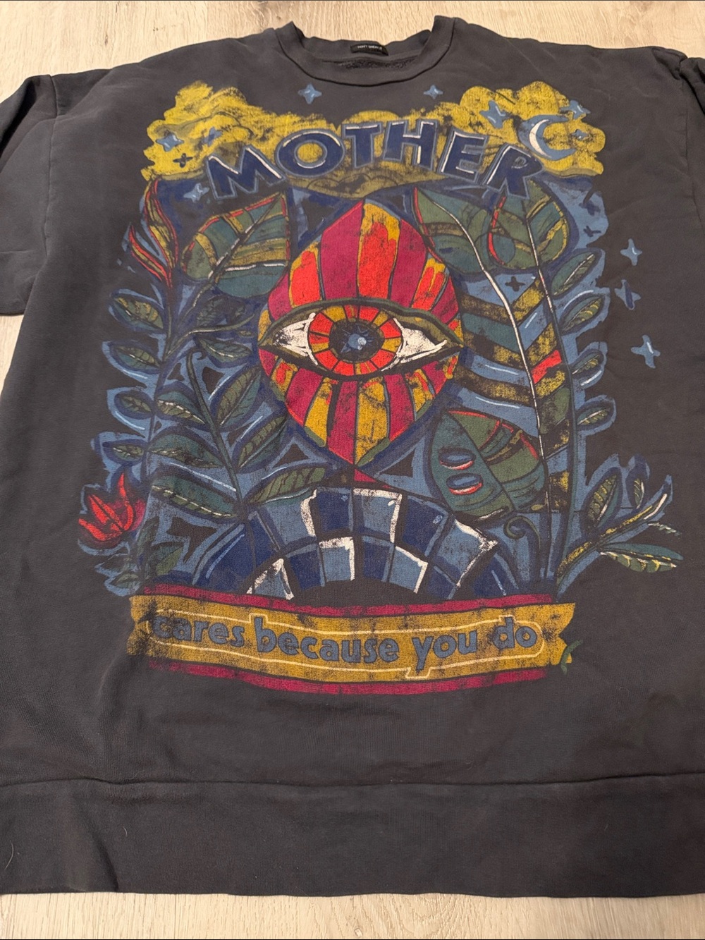 MOTHER Black Crewneck Sweatshirt with Multicolor Eye & Botanical Graphic